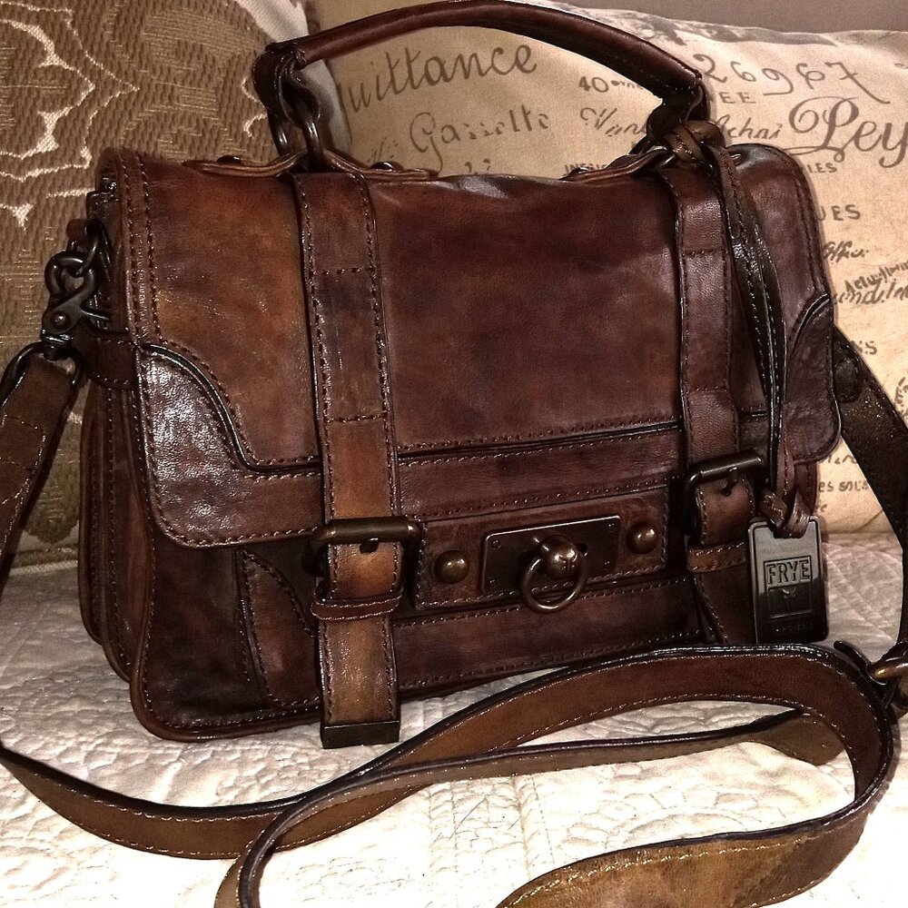Frye Small Cameron Distressed Brown Leather Satchel Crossbody Bag